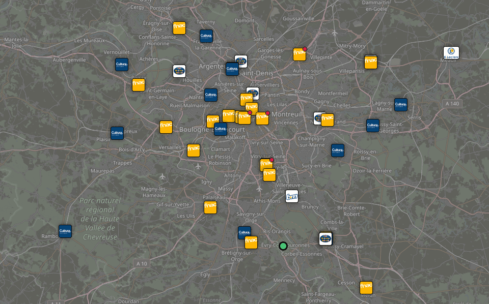Carte interactive ClearVision+ montrant les magasins ayant du stock autour d'un trajet